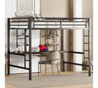 AIORBER Lit superposé, 140x200 cm, avec escalier, cadre en acier, peut être chargé, avec bureau et deux bibliothèques, pour dortoirs, dortoirs, noir