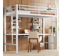 AIORBER Lit superposé, 90×200 cm, avec escalier et bureau, deux bibliothèques, stable et durable, lits superposés, pour chambres, dortoirs, blanc