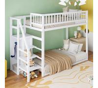 AIORBER Lit superposé,90x200cm, lit avec rampe,échelle avec espace de rangement, armoire intégrée, pin & MDF, pour chambre d'enfant, chambre d'amis,Blanc