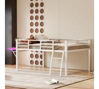 AIORBER Lit surélevé, 200x140cm, cadre en fer avec garde-corps & échelle, bureau pliable, éclairage d'ambiance LED avec télécommande, lit pour adolescents, blanc