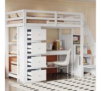 AIORBER Lit surélevé, 90 x 200cm,en bois massif, avec 4 tiroirs de rangement, étagères,échelle de sécurité avec espace de rangement, lit d'adolescent, pour chambre d'enfant, blanc