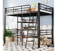 AIORBER Lit surélevé, 90x200 cm, avec bureau, avec espace de rangement, cadre métallique, rampe, échelle, avec étagères, pour chambre à coucher, chambre d'enfant, noir