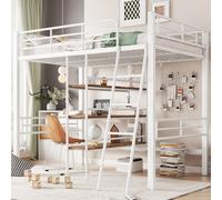 AIORBER Lit surélevé, 90x200 cm, avec bureau, avec espace de rangement, cadre métallique, rampe, échelle, avec étagères, pour chambre à coucher, chambre d'enfant, noir