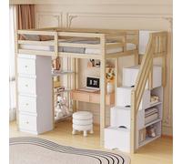 AIORBER Lit surélevé, 90x200cm, en bois massif,avec 4 tiroirs de rangement, étagères,échelle de sécurité avec espace de rangement, lit d'adolescent, pour chambre d'enfant, bois