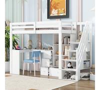 AIORBER Lit surélevé, 90x200cm, en pin, sans matelas, lit avec bureau, tiroirs, placard de rangement ouvert & étagères, échelle avec rangement, blanc