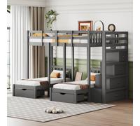 AIORBER Lit surélevé, pour 3 enfants, lit d'enfant, bois massif, avec espace de rangement et tiroirs, design de la barrière de sécurité, échelle de sécurité, 248x146x163cm, gris
