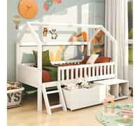 AIORBER Lits d'enfant, 200 x 90 cm, avec escalier & espace de rangement,bois de pin, avec tiroirs, toit en croix, garde-corps & design anti-chute, lit d'intérieur, blanc