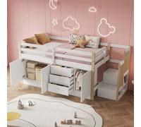AIORBER Lits d'enfant, 90 x 200 cm, avec tiroirs, avec 2 armoires de rangement et cintres, escalier de sécurité, sans matelas, gain de place, blanc
