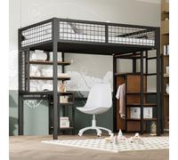 AIORBER Lits superposés,140 x 200cm, avec échelle de sécurité, garde-corps en maille pleine, avec table d'ordinateur, armoire avec cadre en fer, gain de place, noir