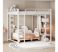 AIORBER Lits superposés,140x200 cm, lit simple en métal avec table de travail, avec échelle , design d'armoire & compartiments de rangement, peu encombrant & stable, blanc