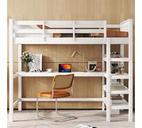 AIORBER Lits superposés,90 x 200 cm, avec bureau et étagère, en pin & MDF,gain de place et sécurité, pour chambres d'enfants & appartements d'étudiants, blanc