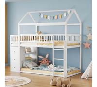 AIORBER Lits superposés ,90 x 200 cm, en forme de maison, avec espace de rangement, barrière de sécurité, avec étagères, couchage bas, bois massif, lit d'enfant, blanc