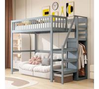 AIORBER Lits superposés, 90 x 200 cm,en pin avec échelle de sécurité, étagère de rangement et armoire,solide sommier à lattes, 245 x 95 x 179,7 cm,Gris
