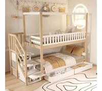 AIORBER Lits superposés, 90x200 cm, avec échelle de sécurité, forme maison, avec compartiments de rangement, sommier à lattes, finition bois massif, 5 tiroirs intégrés, couleur bois