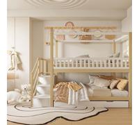 AIORBER Lits superposés, 90x200 cm, avec échelle de sécurité, forme maison, lit d'enfant, avec compartiments de rangement, sommier à lattes, finition bois massif, avec lit gigogne, blanc