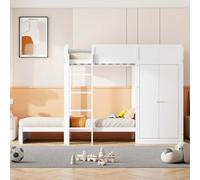 AIORBER Lits superposés, 90x200 cm, avec échelle de sécurité verticale, armoire, lit d'enfant, grand espace de rangement, sommier à lattes, gain de place, blanc