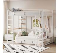 AIORBER Lits superposés, 90x200 cm, lit simple en métal avec table de travail, avec échelle , design d'armoire & compartiments de rangement, peu encombrant & stable, blanc