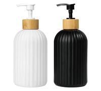AiQInu 2 Pièces Distributeur Savon en Verre, Distributeur Liquide Vaisselle 400ml, Fini Mat Céramique avec Couvercle en Bois, Soap Dispenser Stable et Précis pour Cuisine/Salle de Bain