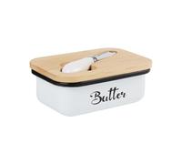 AiQInu Beurrier en Acier Inoxydable, Beurrier avec Couvercle en Bambou et Couteau à Beurre, Boîte à Beurre pour 250g, Boîte de Rangement Polyvalente pour Placer du Fromage Fruit Salade, Blanc