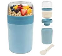 AiQInu Bol à Céréales Portable avec Cuillère et Compartiment à Sauce, Pot à Yaourt Anti-Fuite, Idéal pour les Sorties, le Travail, l'École, les Pique-niques, Bol à Céréales, 450ml+250ml (Bleu)