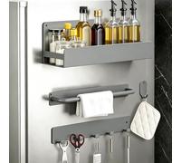 AiQInu Coffret de 4 range-cuisine magnétique, étagères modulaires avec porte-épices, porte-serviette, crochets ronds, support magnétique solide sans perçage pour frigo, machine à laver, Gris