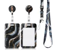 AiQInu Porte Badge avec Cordon, avec Clip de Mousqueton de Bobine de Badge Rétractable et Sangle de Longe Détachable, pour Porte Badges d'Identification, Clés pour Bureaux, Conférences (Noir)