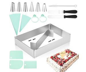 AiQInu Set de Moule à Gâteau Réglable - Cadre Rectangulaire/Carré Réglable avec Cercle à Tarte, Plaque de Cuisson, Cloison & Accessoires pour Gâteaux & Desserts (18,5x27,5-34x52,5 cm)