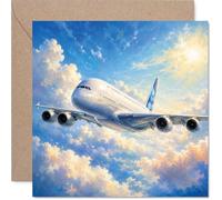Airbus A380 Carte d'anniversaire - Envolez-vous vers une autre année - Jet lumineux volant au-dessus des nuages - pour ceux qui rêvent grand et aiment l'aventure - Carré de 145 mm, enveloppe incluse