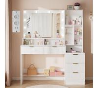 Airfish Coiffeuse avec 10 Ampoules LED et Prise, Grand Espace de Rangement, Table de Maquillage avec 5 Compartiments Ouverts, 5 Tiroirs，Crochet pour Bijoux, Coiffeuse Moderne et Élégante (Blanc)