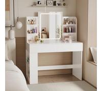 Airfish Coiffeuse avec Miroir et LED, Table de Maquillage avec 3 Étagères et 2 Tiroirs, Coiffeuse avec Grand Tiroir et Armoire, Lumière LED Réglable (Blanc)