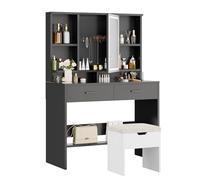 Airfish Coiffeuse avec Miroir LED et Tabouret, 3 Couleurs avec Luminosité Réglable, Table de Maquillage avec Espace pour Bijoux, Étagères Réglables, 2 Tiroirs (Noir+Blanc)