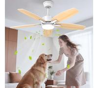 Airwit 106cm Silencieux Ventilateur Plafond avec Lumière, Pales Double Face | Éclairage LED, télécommande, moteur DC réversible, 6 vitesses, pales bois/blanc, montage avec tige, chambre, salon, cuisine