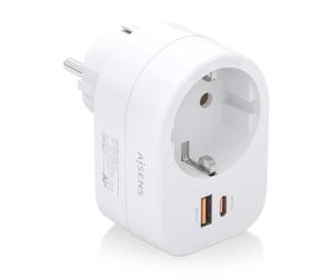 Aisens Multiprise Murale Multifonction avec 1 Prise + 1xUSB-C 20W PD3.0 - 1xUSB-A 20W QC3.0 - Blanc