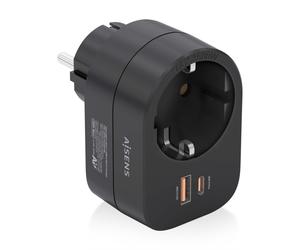 Aisens Multiprise Murale Multifonction avec 1 Prise + 1xUSB-C 20W PD3.0 - 1xUSB-A 20W QC3.0 - Noir