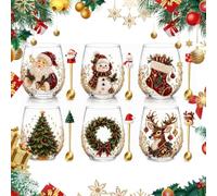 AIUTG Coffret cadeau de collection de verres à vin de Noël, 6 tasses en verre de Noël avec motifs de vacances assortis et cuillères décoratives assorties(6PC#2)