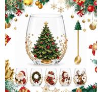AIUTG Coffret cadeau de collection de verres à vin de Noël, 6 tasses en verre de Noël avec motifs de vacances assortis et cuillères décoratives assorties(D2#)