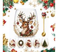 AIUTG Coffret cadeau de collection de verres à vin de Noël, 6 tasses en verre de Noël avec motifs de vacances assortis et cuillères décoratives assorties(C2#)