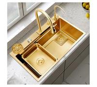 AIVANOTO Évier de cuisine, doré, 70 x 50 cm, en acier inoxydable, avec effet cascade, évier intégré, avec robinet extensible, chasse à tasse, bonde