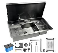 AIVANOTO Évier de cuisine encastré 90x50cm en acier inoxydable, avec couvercle, robinet pliant, rinceur de toilettes, poubelle, kit de vidage, distributeur de savon, poignée de vidage, grand 1 bac
