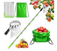 Aixxikum 2.8M Vert Cueille Fruit Telescopique, Perche pour Cueillir Les Fruits en Acier Inoxydable avec Sac en Tissu, Ramasse Pomme pour Pommes, Oranges, Poires, Pêches