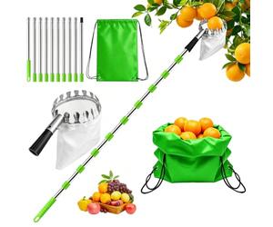 Aixxikum 4M Cueille Fruit Telescopique, Vert Perche pour Cueillir Les Fruits en Acier Inoxydable avec Sac en Tissu, Ramasse Pomme pour Pommes, Poires, Oranges, Pêches
