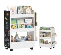 AIYAPLAY Bibliothèque pour Enfant 3-8 Ans roulettes Meuble Rangement Blanc | Rangement Livre Enfant avec Tableau Noir, pour Salle de Jeux