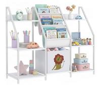 AIYAPLAY Bibliothèque pour Enfants à 3 Niveaux, Étagère à Livres pour Enfants avec Porte-Livres et Tiroir en Tissu, Motif Lion, Meuble de Rangement pour Chambre ou Salle de Jeux, 93x30x76 cm, Blanc