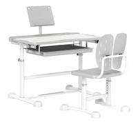 AIYAPLAY Bureau enfant avec chaise réglable en hauteur, plateau incliné 45°, tiroir et support de livre, gris