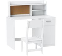 AIYAPLAY Bureau enfant avec chaise, table enfant et chaise, tiroir, placard, compartiments ouverts, tableau en liège, blanc