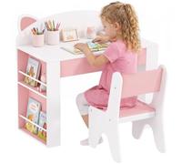 AIYAPLAY Bureau et Chaise pour Enfant 2 Pièces, 3 à 8 Ans, Blanc et Rose | Ensemble Table d'Activité avec Tiroir, Bibliothèque pour Dessin, Lecture et Jeux dans Chambre ou Salle de Jeu
