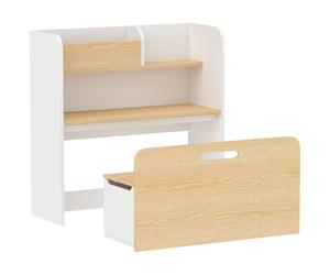 AIYAPLAY Bureau et Chaise pour Enfant 5 en 1 avec Bibliothèque et Banc Coffre à Roulettes, pour 3 à 8 Ans, Blanc