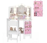 Coiffeuse enfant 2 en 1 avec tabouret - AIYAPLAY - miroir triptyque et lumières LED bicolores - 93,6 x 48,5 x 111,5 cm - blanc