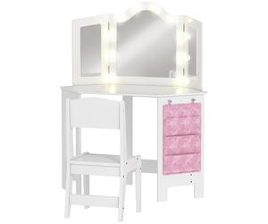 AIYAPLAY Coiffeuse enfant 2 en 1 avec tabouret miroir triptyque et lumières LED bicolores 93,6 x 48,5 x 111,5 cm blanc