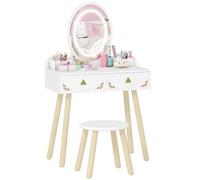 AIYAPLAY Coiffeuse Enfant Bois 2 en 1 Miroir LED 3 Couleurs Tabouret Blanc | Bureau Enfant Fille, Table De Maquillage, 2 Tiroirs, 2 Casiers de Rangement Amovibles, 60x30x99,3cm